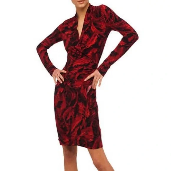 Norma Kamali red & black feather print faux wrap ls jersey dress size L in EUC - Picture 4 of 15